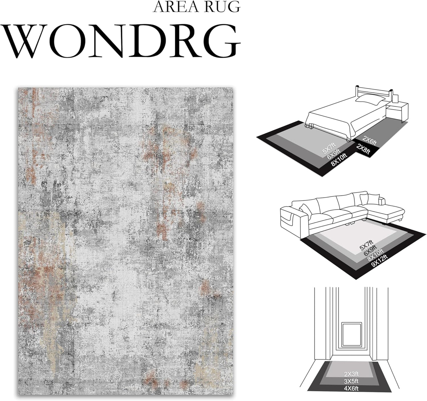 9x12 Washable Area Rug Grey Rust Modern Neutral Abstract Living Room Bedroom Indoor Floor Carpet Low Pile Soft Non-Slip Lightweight Vacuumable Large Throw Rug for Kitchen Dining Room
