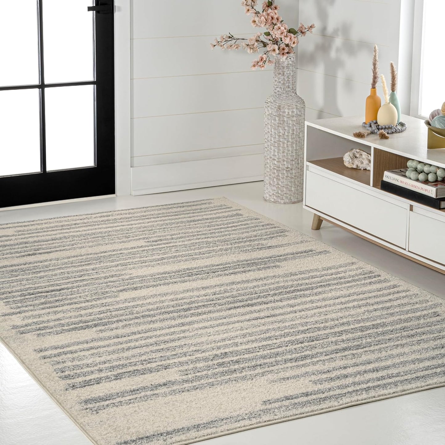 JONATHAN Y Khalil Modern Berber Stripe Cream/Gray Indoor Area Rug, 4x6, Contemporary, Bohemian, Easy-Cleaning for Living Room, Bedroom, Kitchen, Pet Friendly, Non-Shedding (MOH207C-4)