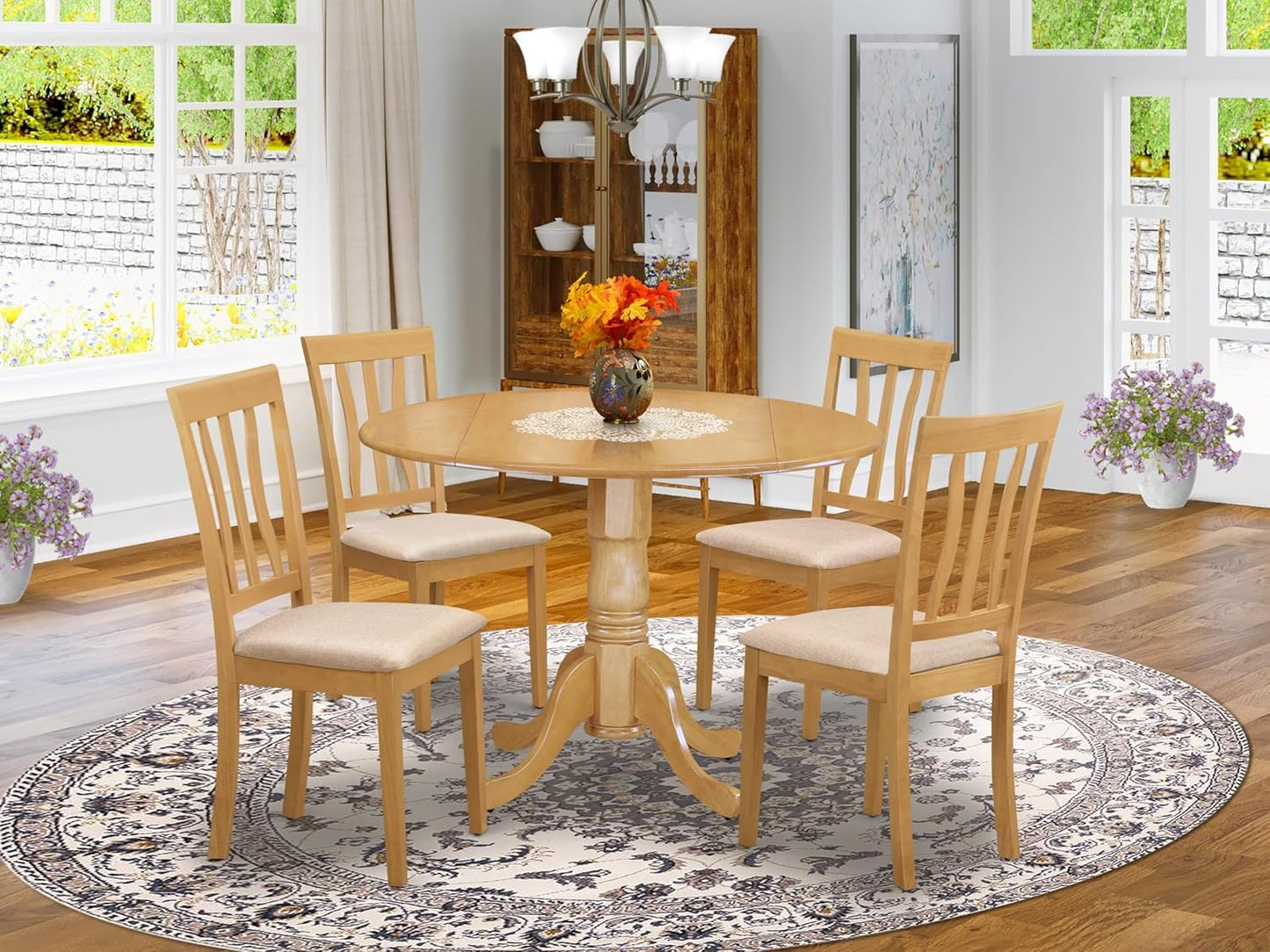 East West Furniture DLAN5-OAK-C 5 Piece Kitchen Table Set for 4 Includes a Round Dining Room Table with Dropleaf and 4 Linen Fabric Upholstered Dining Chairs, 42x42 Inch, Oak