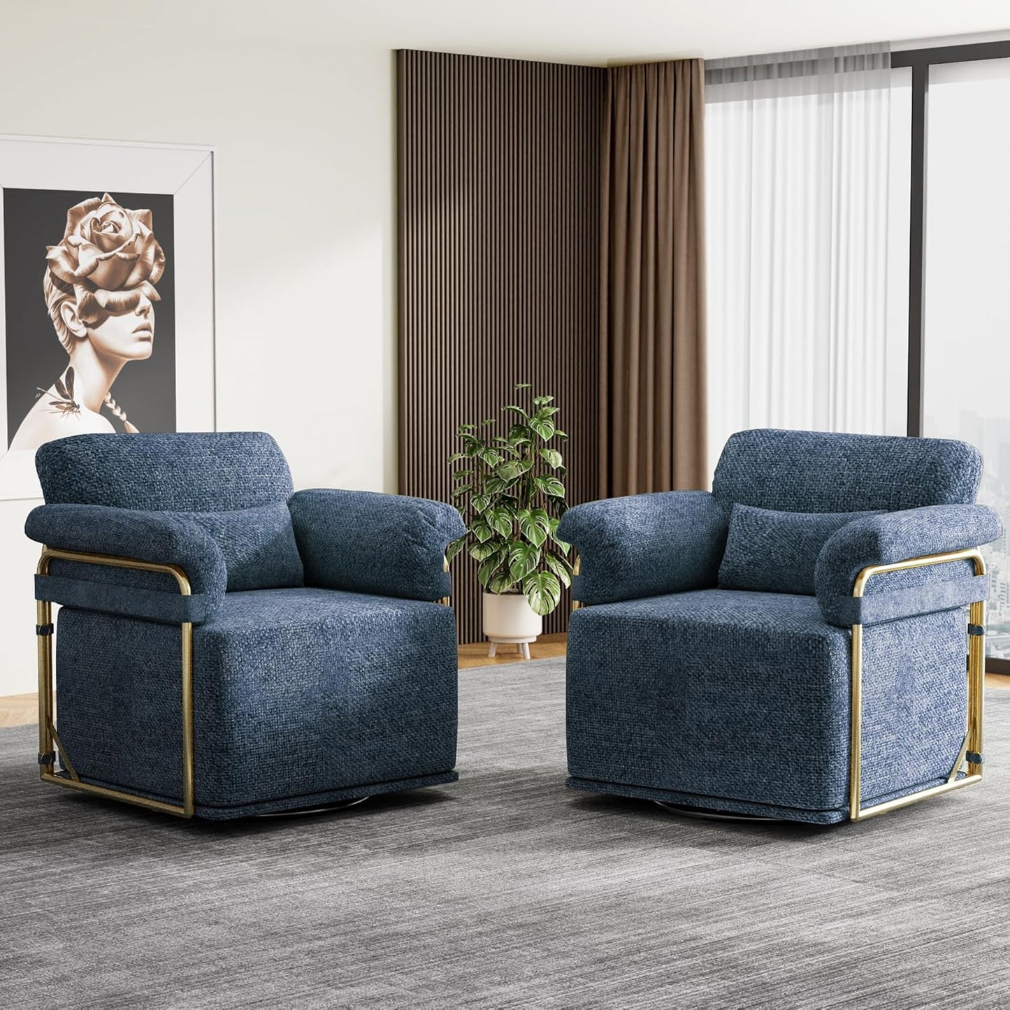 KEIKI Modern Comfy Swivel Accent Reading Chair with Waist Pillows, 360°Square Upholstered Barrel Armchair Single Club Lounge Sofa Chairs for Living Room,Bedroom,Office,Blue