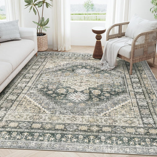 zesthome 5x7 Area Rugs - Ultra-Thin Washble Rug, Stain Resistant Anti Slip Backing Rugs for Living Room,Bedroom, Vintage Home Decor Area Rug (Wheat/Charcoal,5'x7')