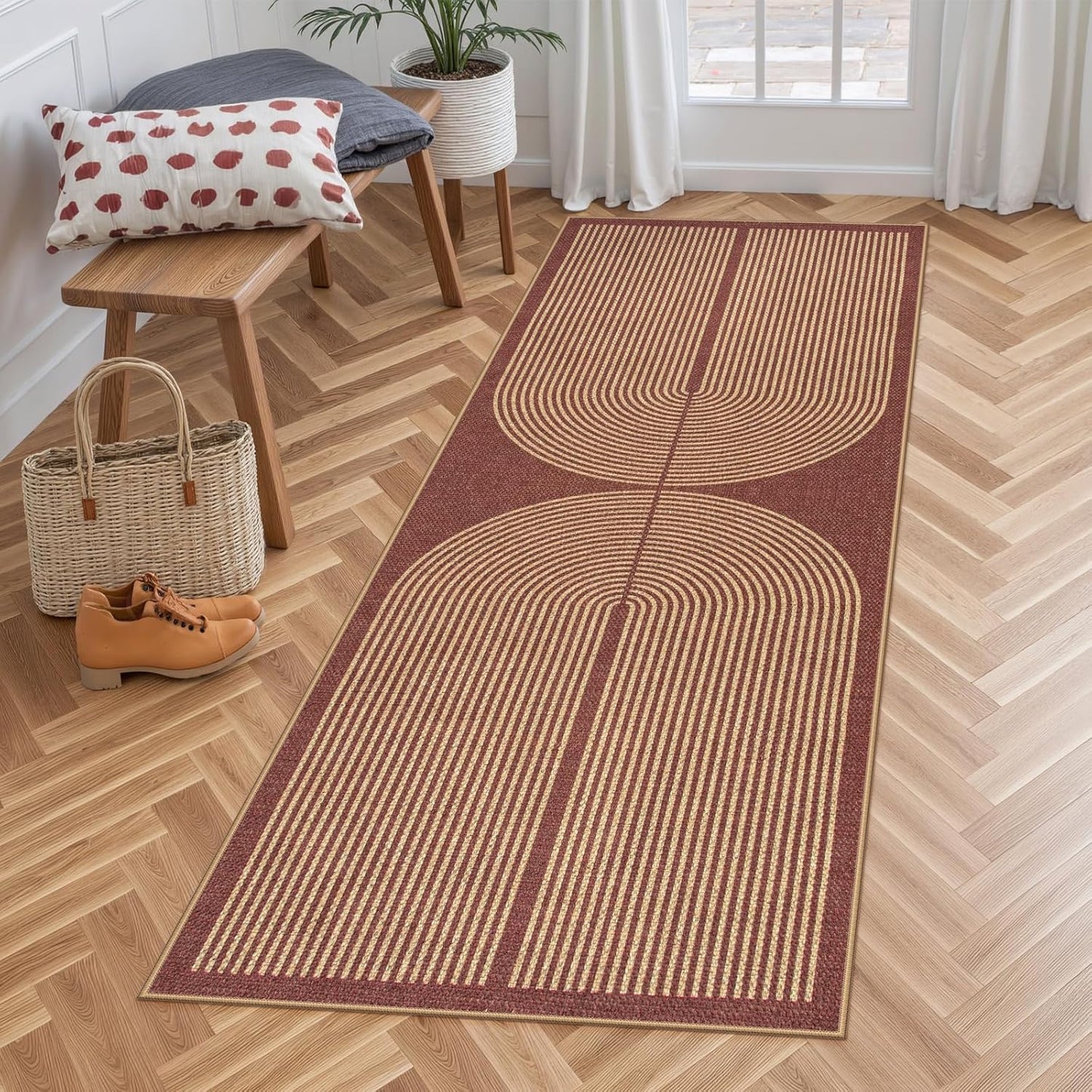 Lahome Modern Rainbow Easy Jute 2x6 Runner Rug, Red Runners for Hallways Non Slip Washable Kitchen Rugs, Farmhouse Stain Resistant Non Shedding Low Pile Indoor Outdoor Carpet for Laundry Entryway