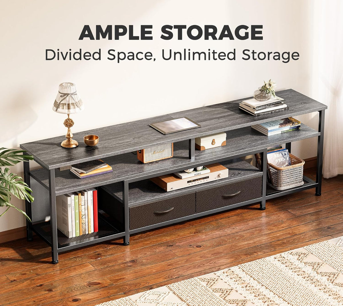 Huuger TV Stand for 65 70 Inch TV, Entertainment Center with Power Outlets and LED Lights, TV Console for Living Room, Media Console with Drawers and Shelves, Grey