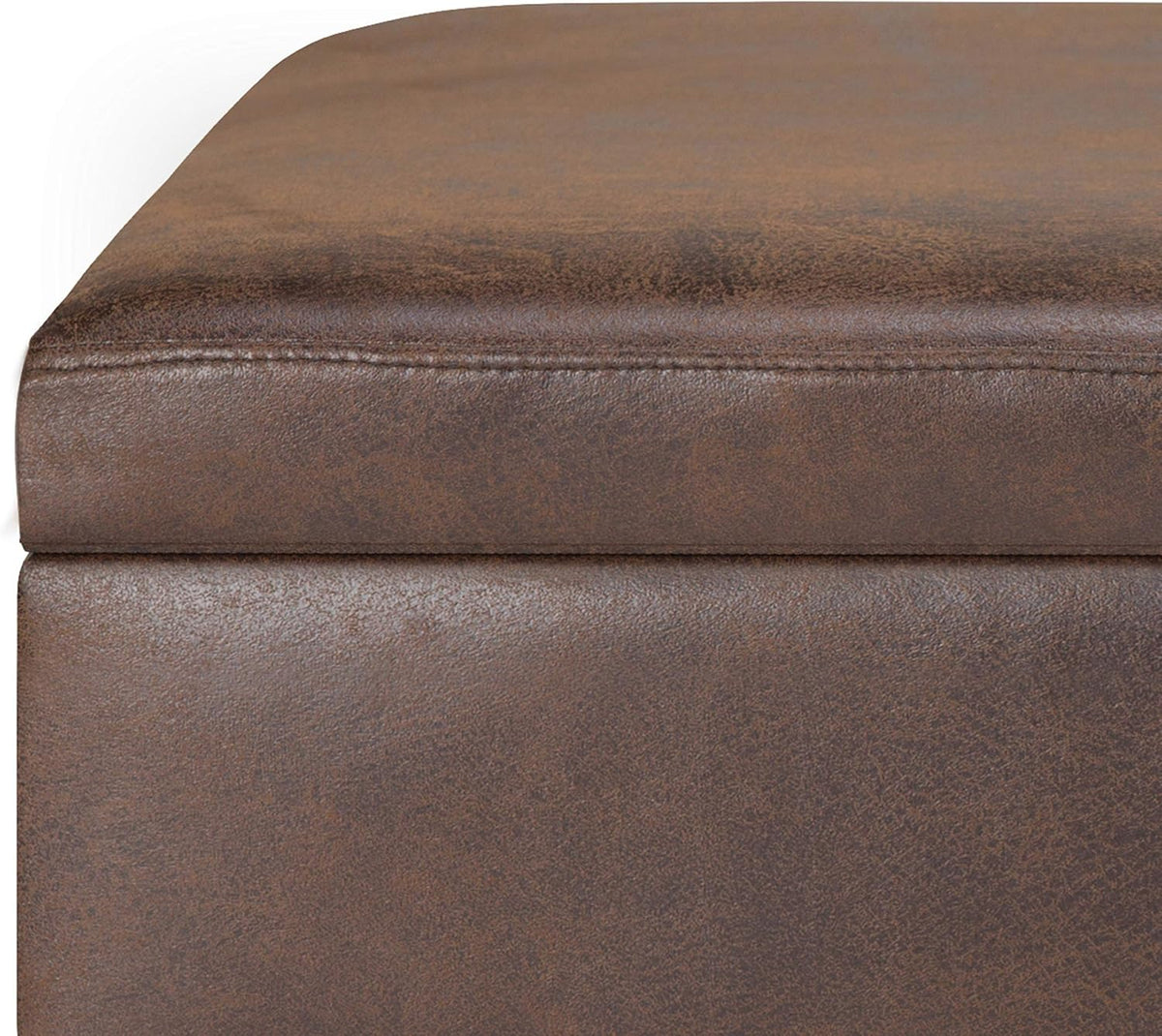 SIMPLIHOME Owen 36 inch Wide Mid Century Modern Small Rectangular Storage Ottoman in Distressed Chestnut Brown Vegan Faux Leather, Assembled, For the Living Room, Entryway and Family Room