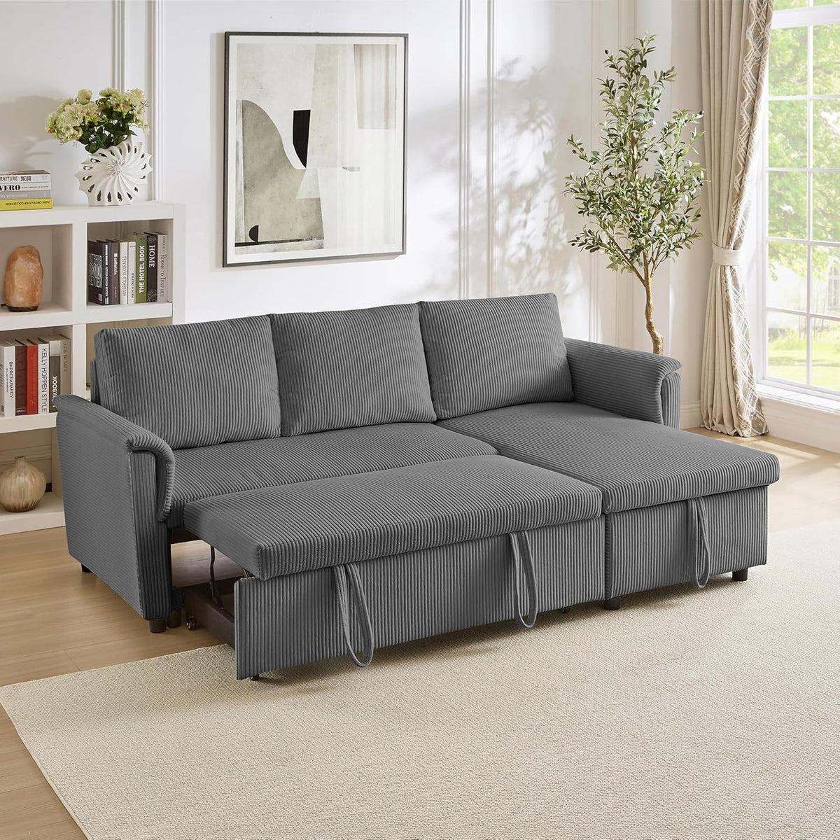 Ball & Cast Reversible Sectional Sofa Couch,L-Shape Sleeper Sofa Bed with Storage Chaise Pull Out Couch for Living Room | Hidden Storage | Pull Out Bed | Removable Backrest | Corduroy Fabric,Gray