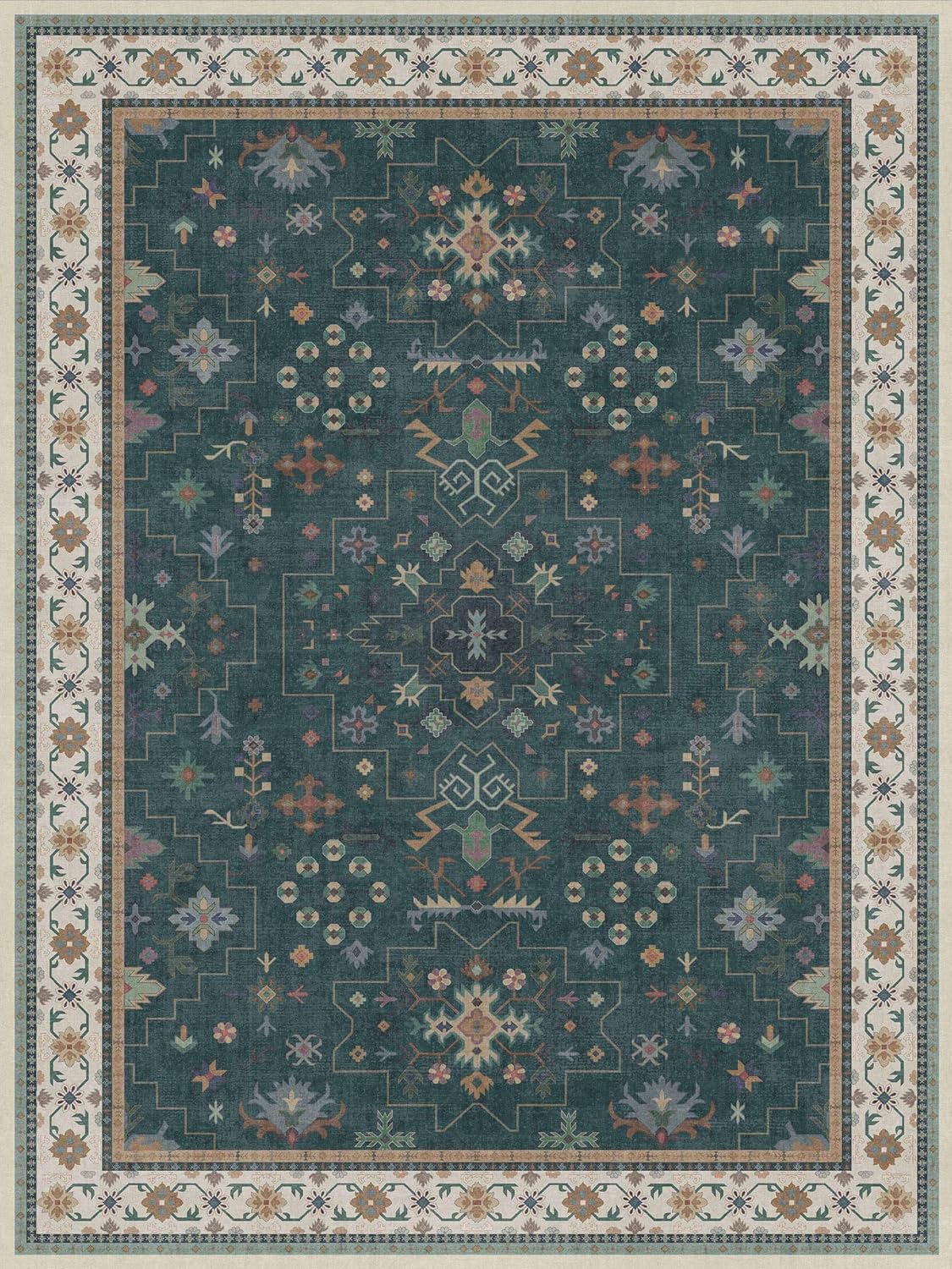 Vintage Dark Green 6x8 Dining Room Rugs for Under Kitchen Table - Washable Livinig Room Rug - Unique Floral Pastel Low Pile Non-Slip Area Rugs for Bedroom