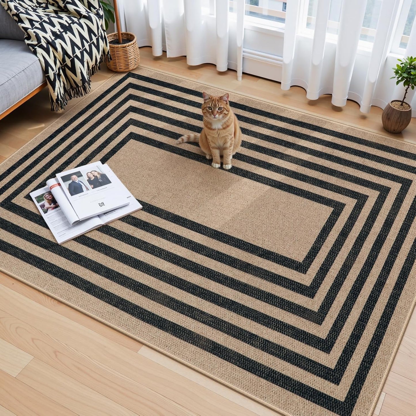 Lahome Modern Geometric Easy Jute Entryway Rug, 4x6 Black Washable Carpet for Bedroom Contemporary Thin Living Room Patio Rug, Farmhouse Non Slip Indoor Outdoor Carpet for Dining Room Backyard