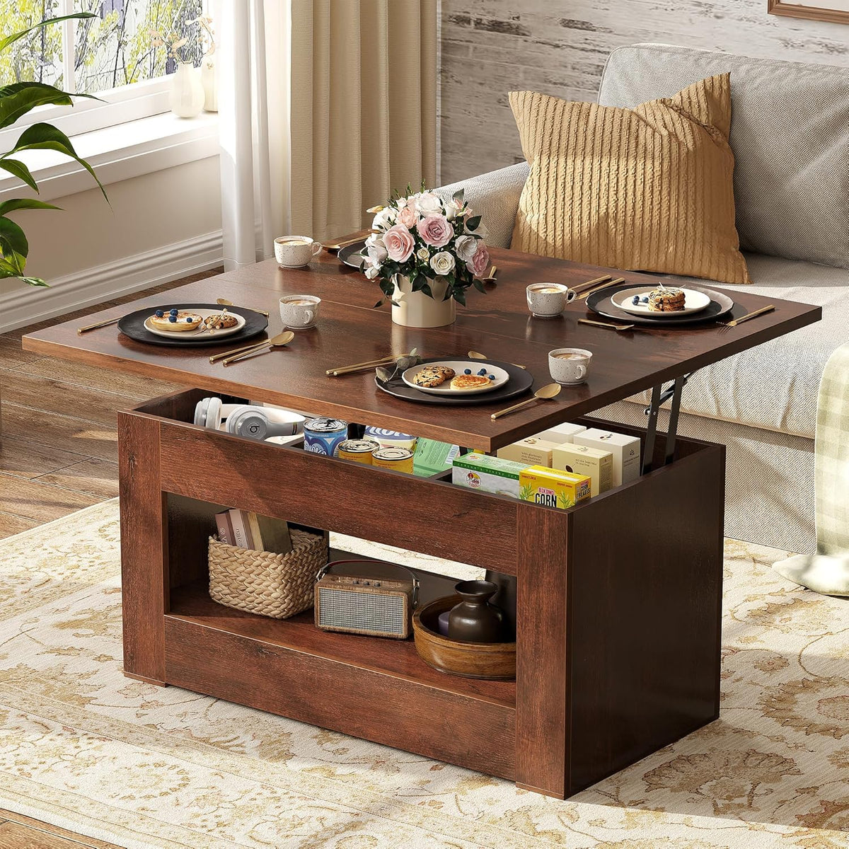 40" Lift Top Coffee Table, 4 in 1 Multi-Function Lift Coffee Table with Storage and Hidden Compartment, Convertible Coffee Tables to Dining Table for Living Room, Walnut