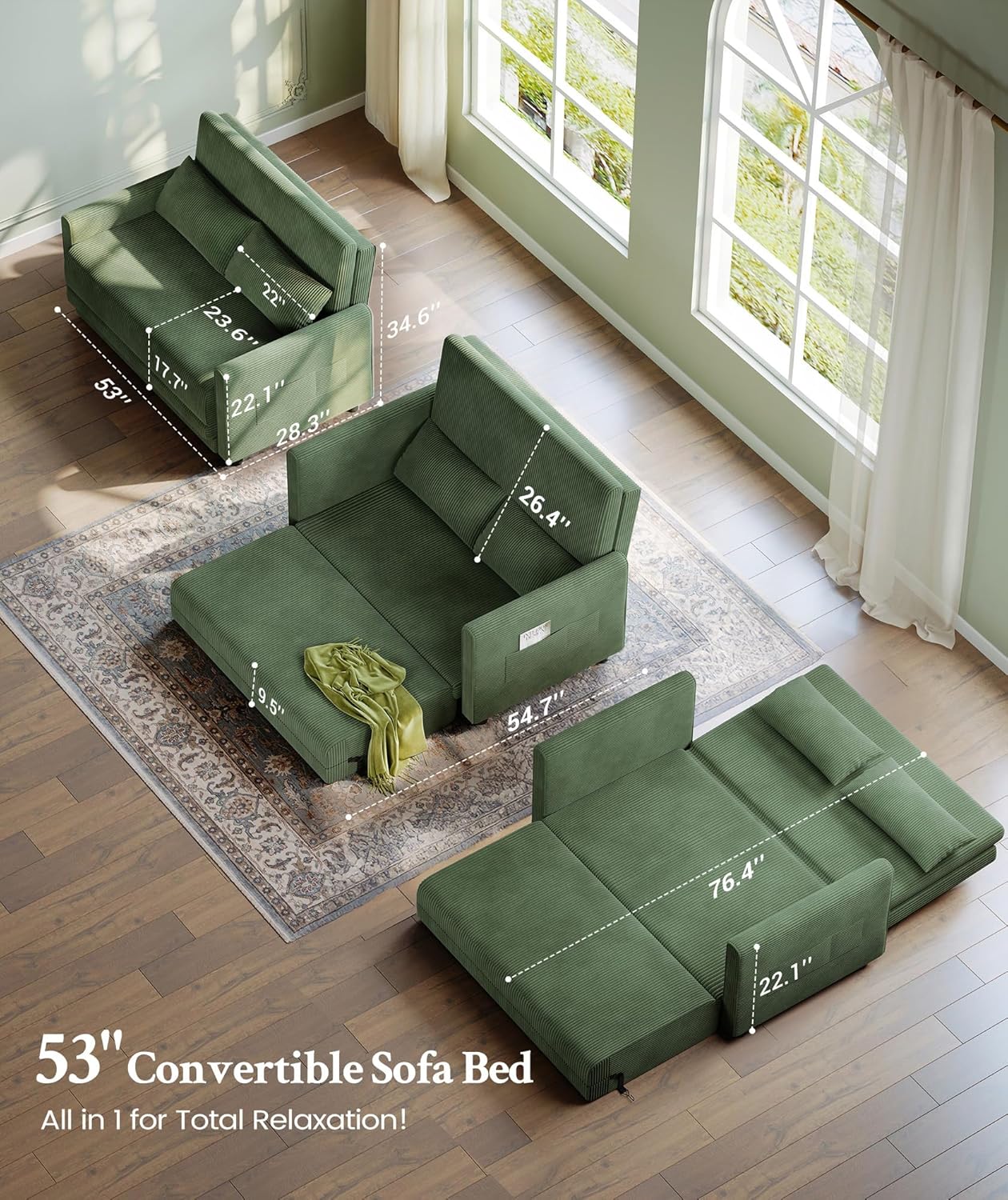 53” Convertible Sofa Bed Couch, Corduroy Couch Bed, 6-Position Loveseat Sleeper Sofa, Love Seat Sleeper Bed 23.6" Extra Deep Seat, Modern Couches for Living Room/Apartment/Home/Office, Green