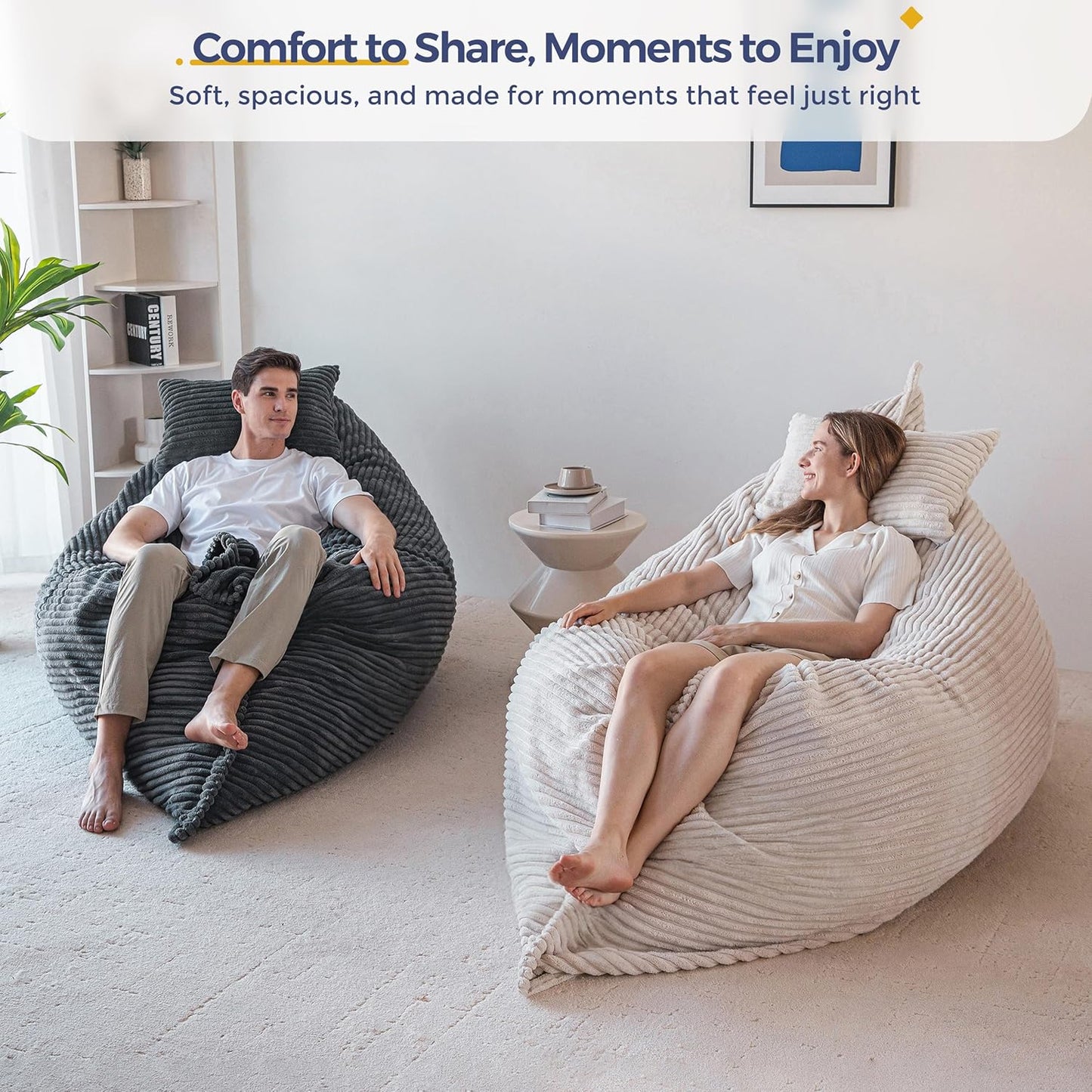 MAXYOYO Giant Bean Bag Chair with Pillow, 3 in 1 Convertible Bean Bag Chair for Adults with Washable Cover, Removable Floor Cushion Stuffed Floor Lounger for Living Room Bedroom, Dark Grey, Full