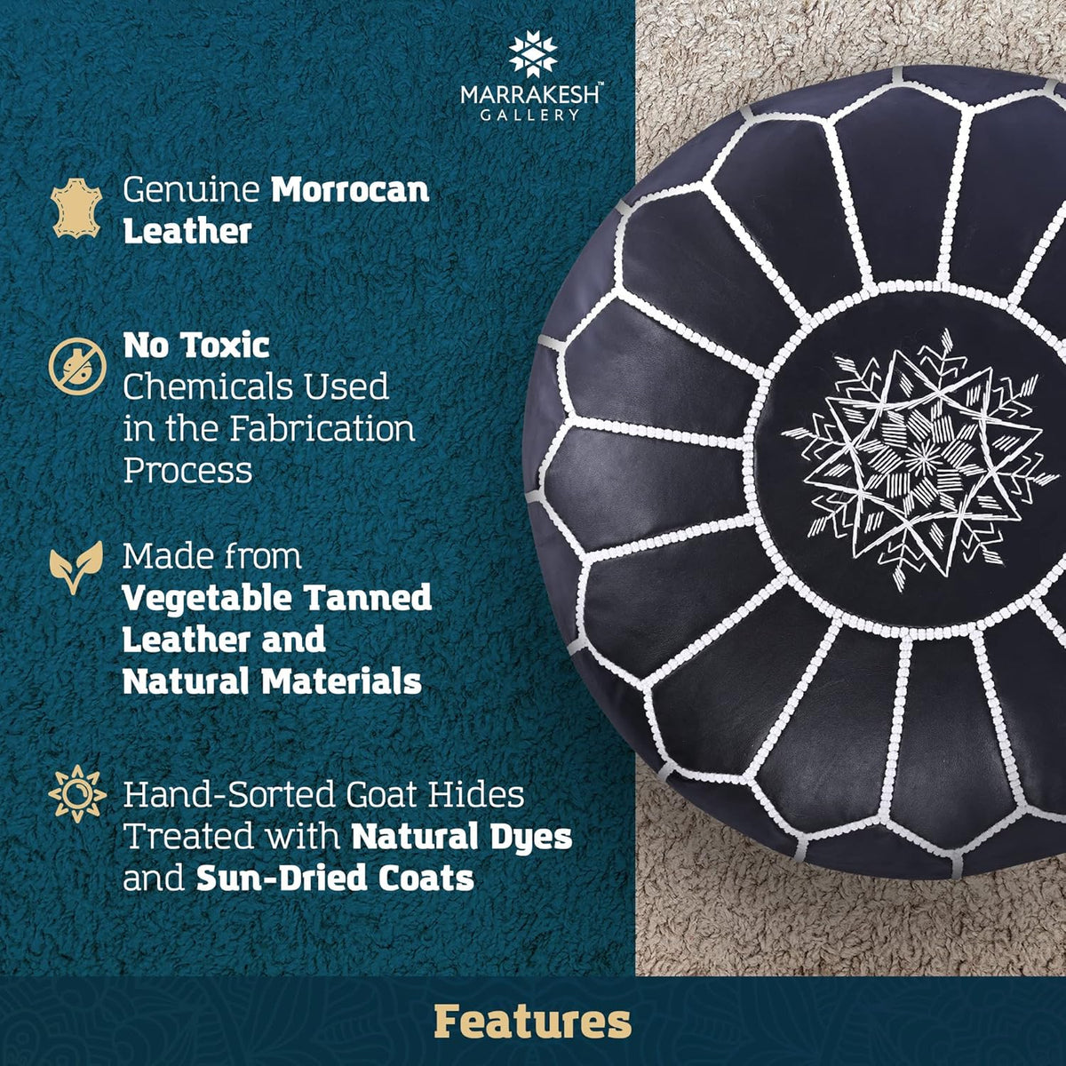 Marrakesh Gallery Genuine Leather Round Pouf Unstuffed - Moroccan Ottoman Footstool, Footrest Cover - Boho Decor - Bohemian Living Room, Bedroom, Kids Room, Gift & Wedding