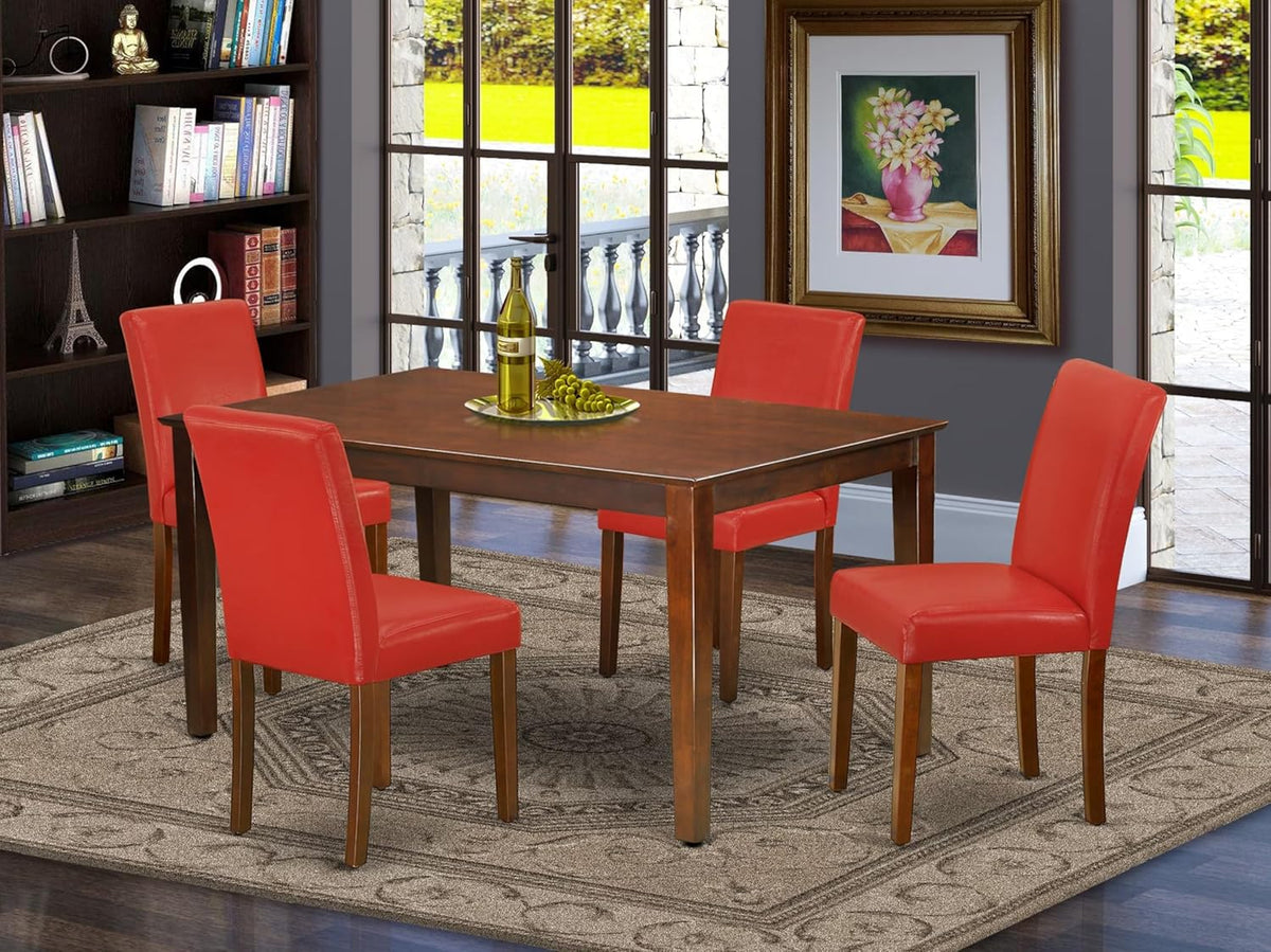 East West Furniture CAAB5-MAH-72 5 Piece Dining Set Includes a Rectangle Dining Room Table and 4 Firebrick Red Faux Leather Upholstered Chairs, 36x60 Inch, Mahogany