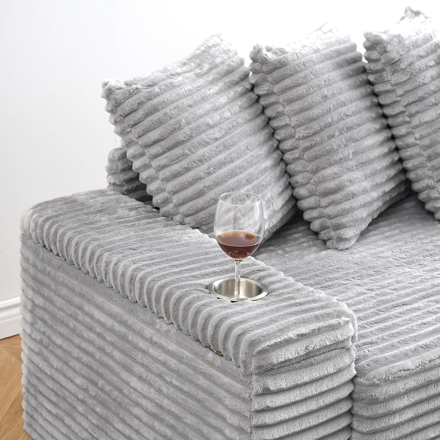 KEIKI 114" Corduroy Sofa with Cup Holders & Storage, L Shaped Sleeper Cloud Couch Set w/Reversible Chaise Lounge, Living Room Oversized Upholstered SofaBed for Apartment, Easy Assembly, Gray