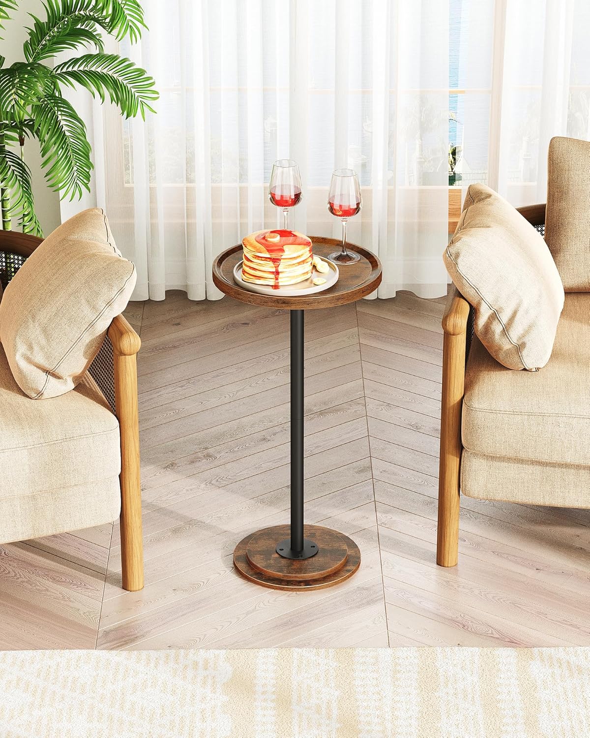 Small Round Side Table, Drink Table for Small Spaces, Pedestal Cocktail Table, Thickened Base, for Living Room, Bedroom, Office, Rustic Brown and Black TBZ30BF