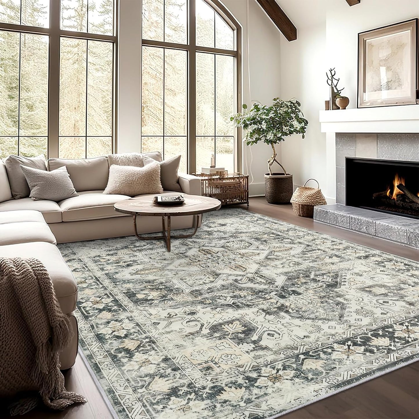 zesthome 9x12 Area Rugs,Stain Resistant Washable Rug,Ultra-Thin Rugs for Living Room,Bedroom,Non-Slip Backing Home Decor Large Area Rug (Grey/Beige,9'x12')