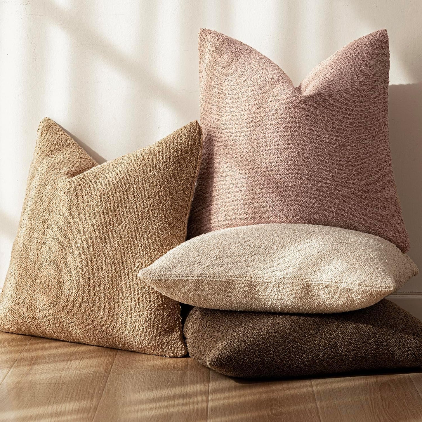 Foindtower Set of 2, Decorative Textured Boucle Throw Pillow Covers Accent Solid Pillow Cases Neutral Soft Cozy Couch Cushion Case for Chair Sofa Bedroom Living Room Home Decor 18 x 18 Inch Light Pink