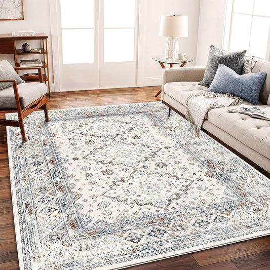 Washable Area Rug 8x10 Retro Flowers Boho Design Non-Shedding Easy Care Ideal for High Traffic Areas in Living Room Bedroom Office Coffee Table Kitchen Large Carpet