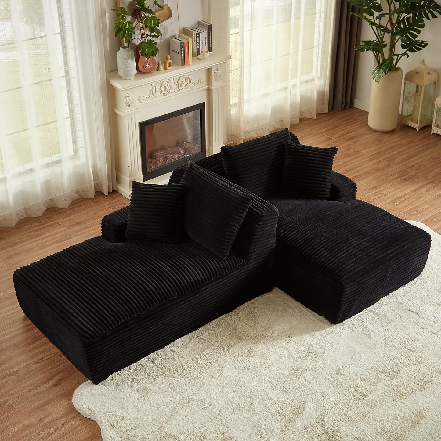 ERYE 79" Oversized Double Chaise Lounge Indoor Sleeper Recliner Sofabed with 4 Pillows, Fluffy Corduroy Loveseat Sleeper Chaise Daybed 2 Pieces Boneless Chair Sofa Bed for Living Room Bedroom Reading