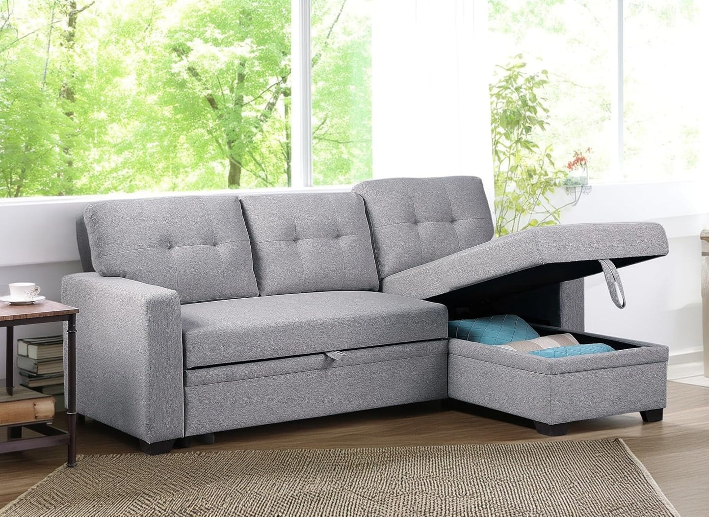 82 Inch Convertible Sleeper Sectional Sofa with Storage Chaise and Pull-Out Bed, Linen Upholstered Reversible Corner Couch, Modular L Shaped Couches for Living Room, Home Furniture, Light Gray