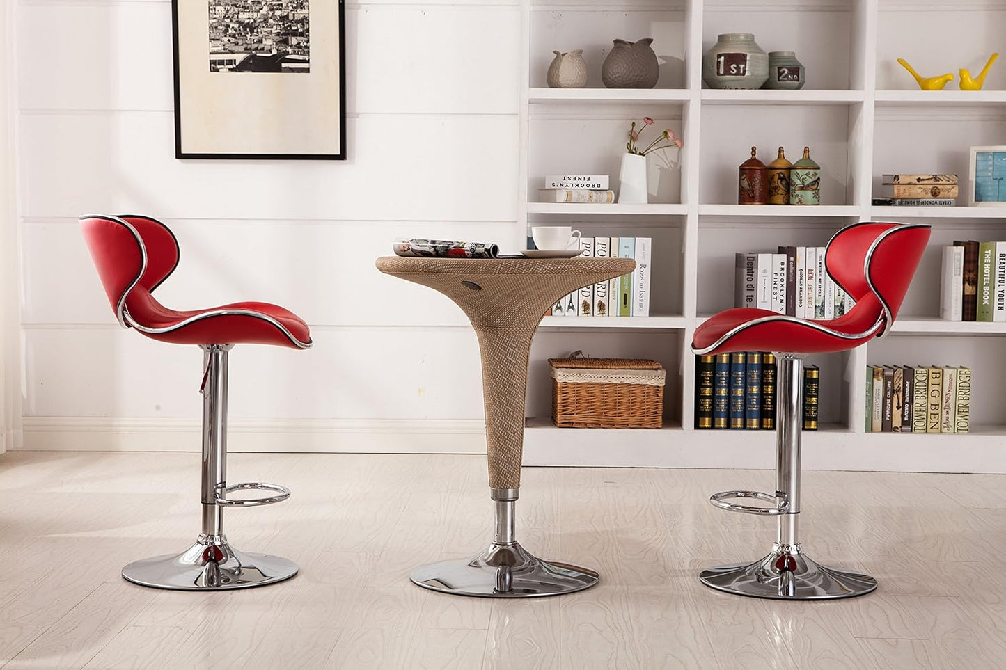 Roundhill Furniture Masaccio Cushioned Leatherette Upholstery Airlift Adjustable Swivel Barstool with Chrome Base, Set of 2, Red