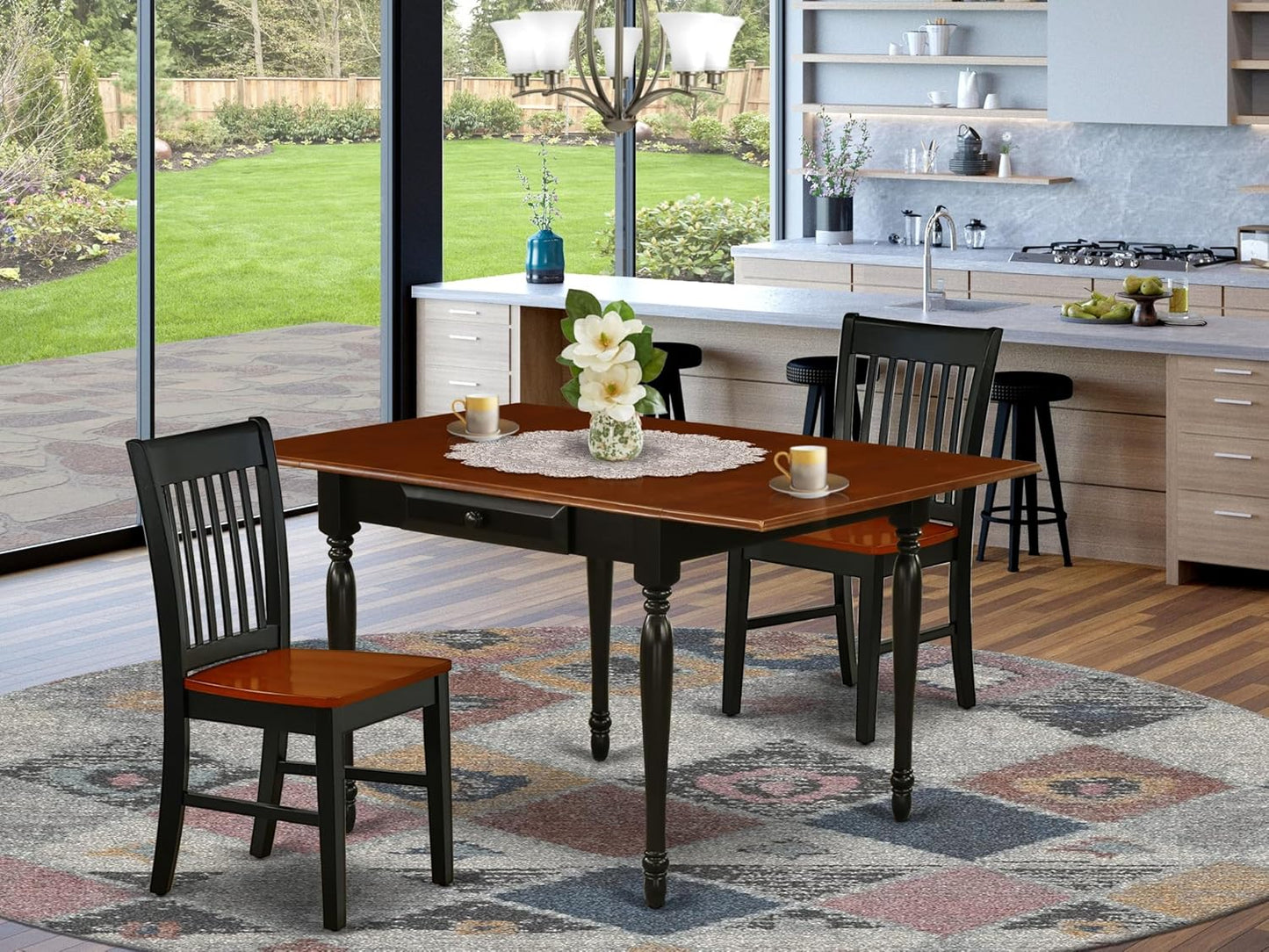 East West Furniture MZNO3-BCH-W 3 Piece Dining Table Set for Small Spaces Contains a Rectangle Dining Room Table with Dropleaf and 2 Wooden Seat Chairs, 36x54 Inch, Black & Cherry