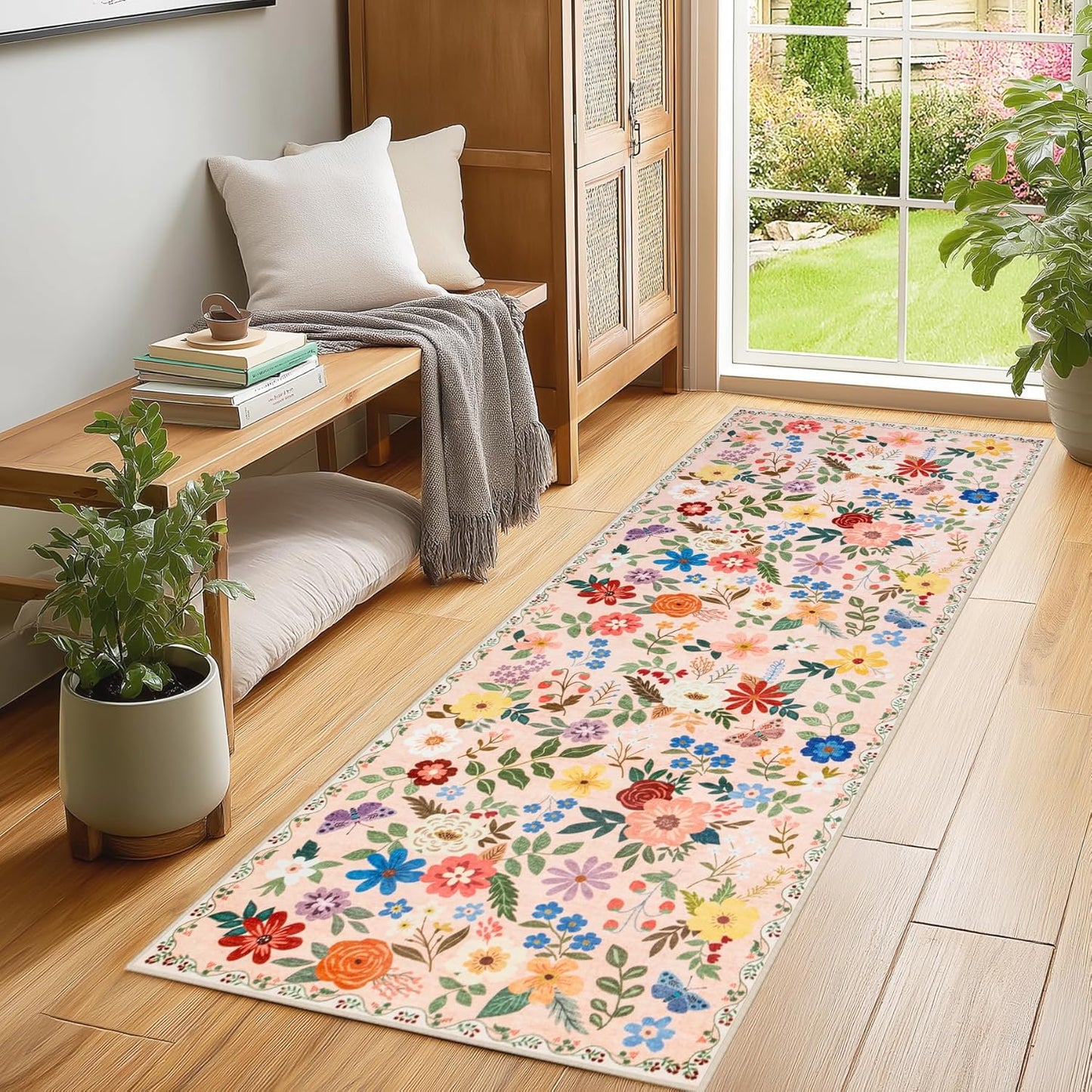 Runner Rug for Entryway: 2x6 Kitchen Rugs Non Slip Washable Ultra-Thin Soft Floral Carpet Indoor Floor Stain Resistant Carpets for Hallway Bedroom Kitchen Laundry Bathroom Dorm Beige