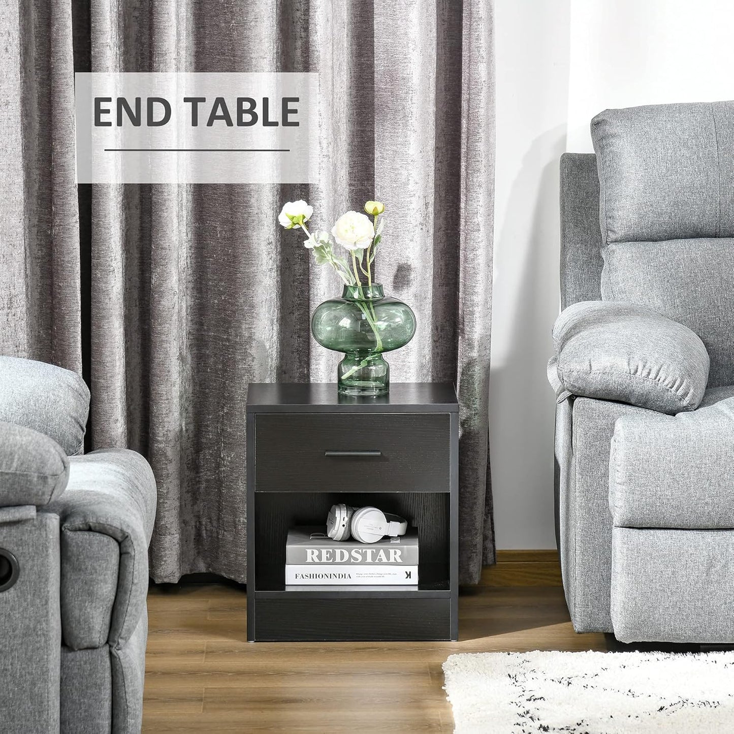 HOMCOM Modern Accent End Table with Drawer and Storage Shelf, Sofa Side Table for Living Room, Black Wood Grain
