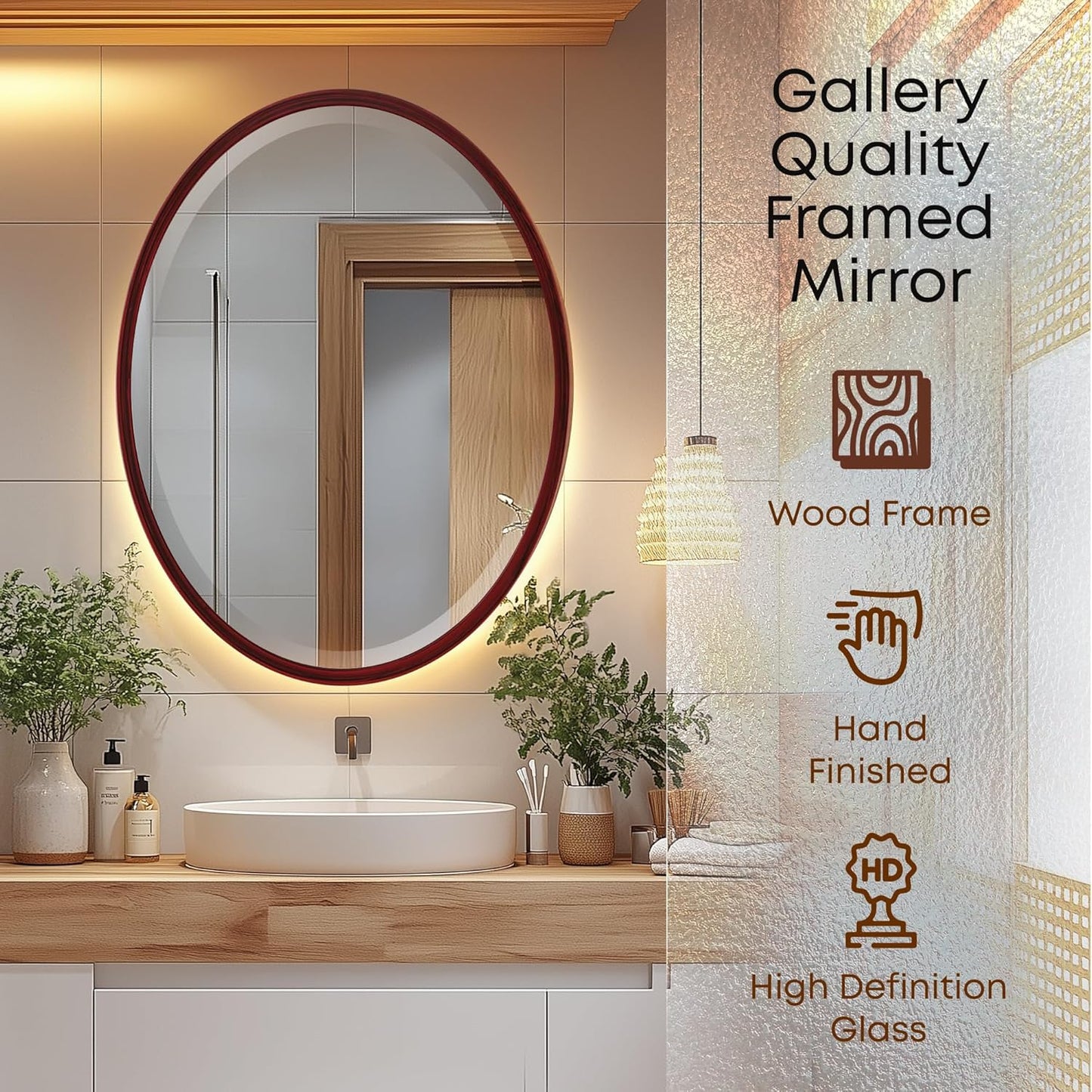 OVALCREST - Oval Wooden Beveled Wall Mirror for Home Decor, Bathroom, Vanity, Bedroom, Living Room, Hallway - London Style (Black Cherry) 25.1 x 37.1
