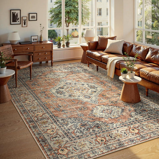 Lahome Oriental Washable Rugs 8x10, Non-Slip Soft 8x10 Rugs for Living Room Bedroom, Stain Resistant Ultra-Thin Vintage Accent Carpet for Dining Room Office, Peach/Orange