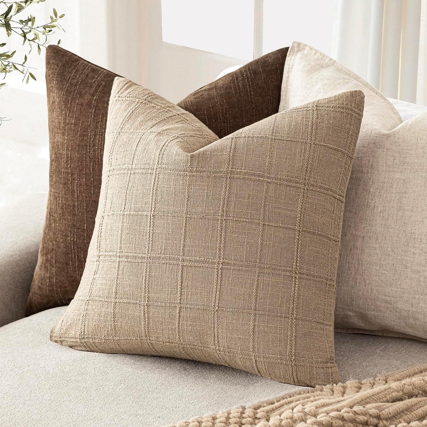 Foindtower Set of 2 Decorative Linen Check Throw Pillow Covers Neutral Farmhouse Vintage Cushion Covers Modern Coastal Boho Home Decor For Sofa Chair Couch Bedroom Living Room Outdoor,16×16 Inch,Camel