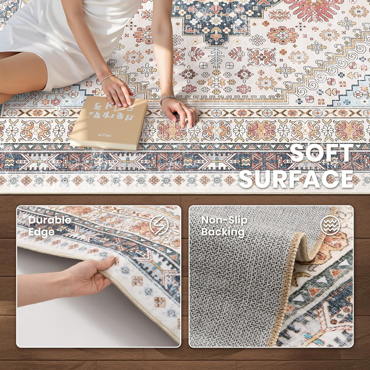 zesthome 5x7 Area Rugs - Ultra-Thin Washble Rug, Stain Resistant Anti Slip Backing Rugs for Living Room,Bedroom, Vintage Home Decor Area Rug (Multi,5'x7')