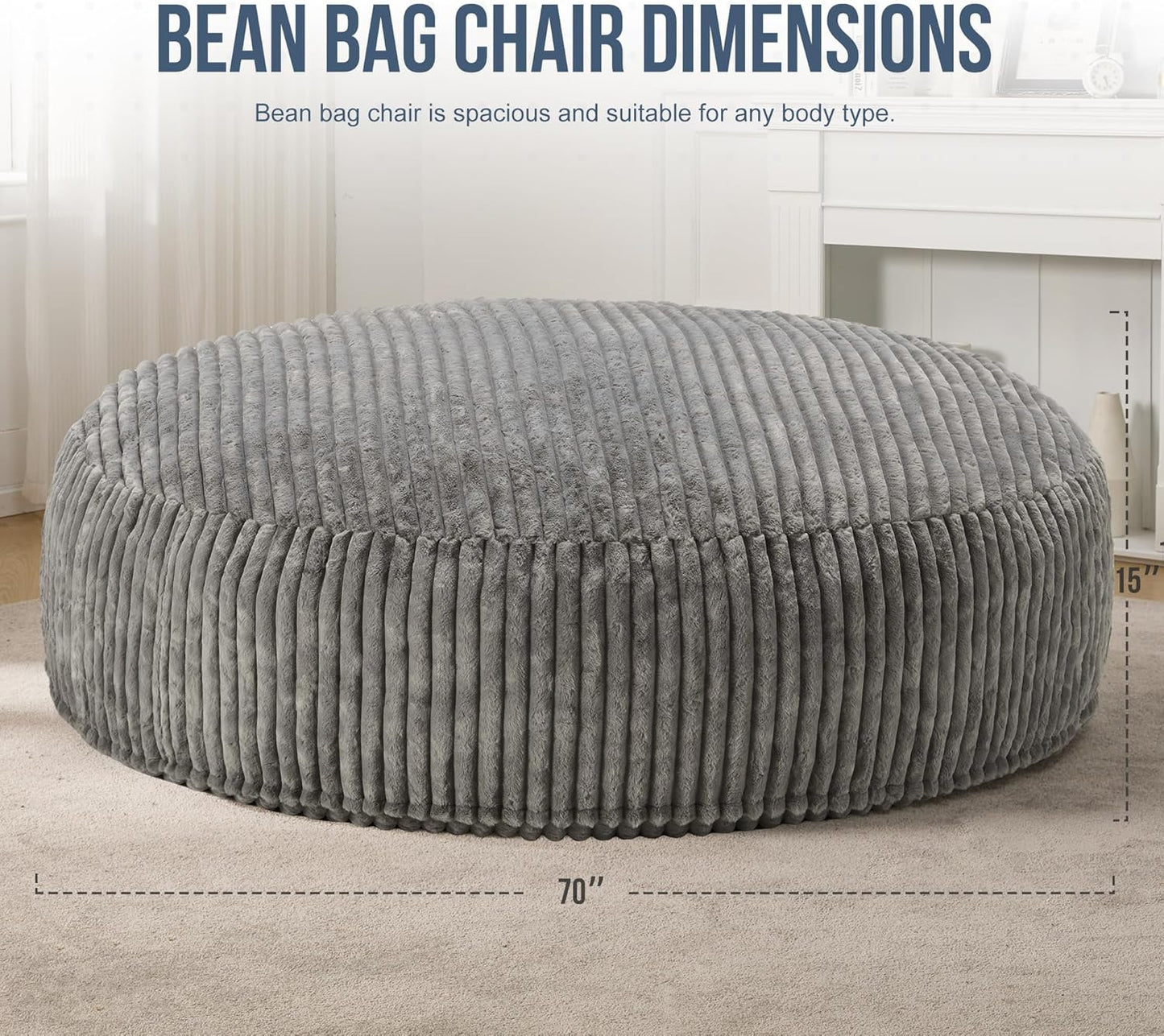 Hobestluk 6ft Bean Bag Chairs for Adults Large Beanbag Chair with Stripe Plush Cover Big Bean Bag Chair for Living Room Bedroom Dorm Office - Grey (70" x 70" x 15")