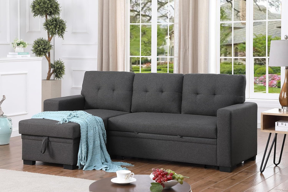 Ball & Cast L-Shape Reversible Sectional Sleeper Sofa Bed 4 in 1 Pull Out Couch with Storage Chaise USB Ports & Cup Holder Convertible Sleeper Corner Couch Pull-Out Sofa Bed for Living Room Office