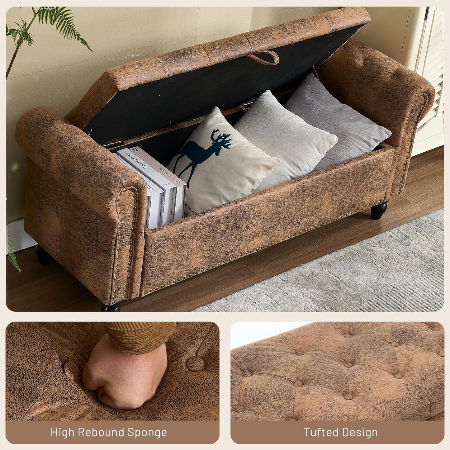 Furniliving 55” End of Bed Bench, Bedroom Bench with Button-Tufted, Large Upholstered Storage Ottoman Entryway Bench with Storage Shoe Cabinet Bench, for Bedroom, PU, Coffee