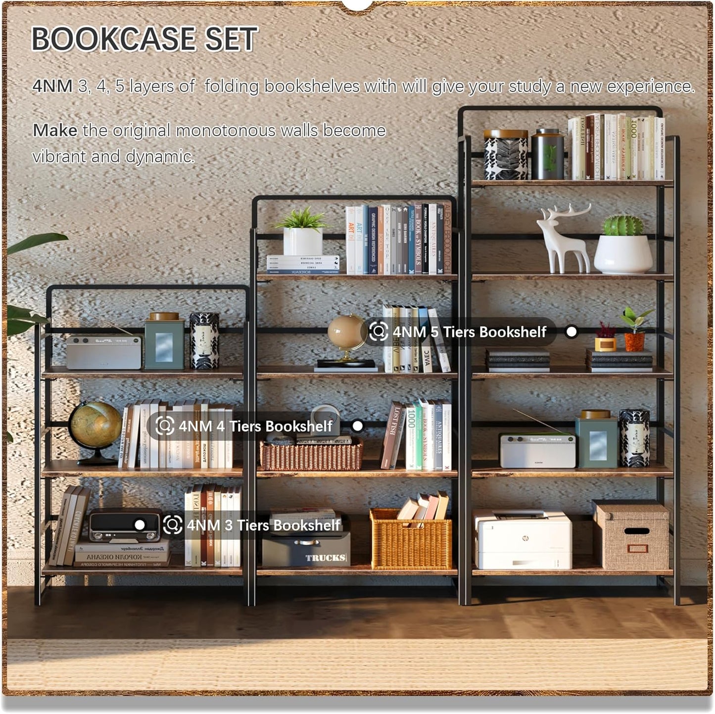 4NM No-Assembly 5 Tiers Folding Bookshelf Storage Shelves Vintage Bookcase Standing Racks Study Organizer Home Office (Rustic Brown Black)