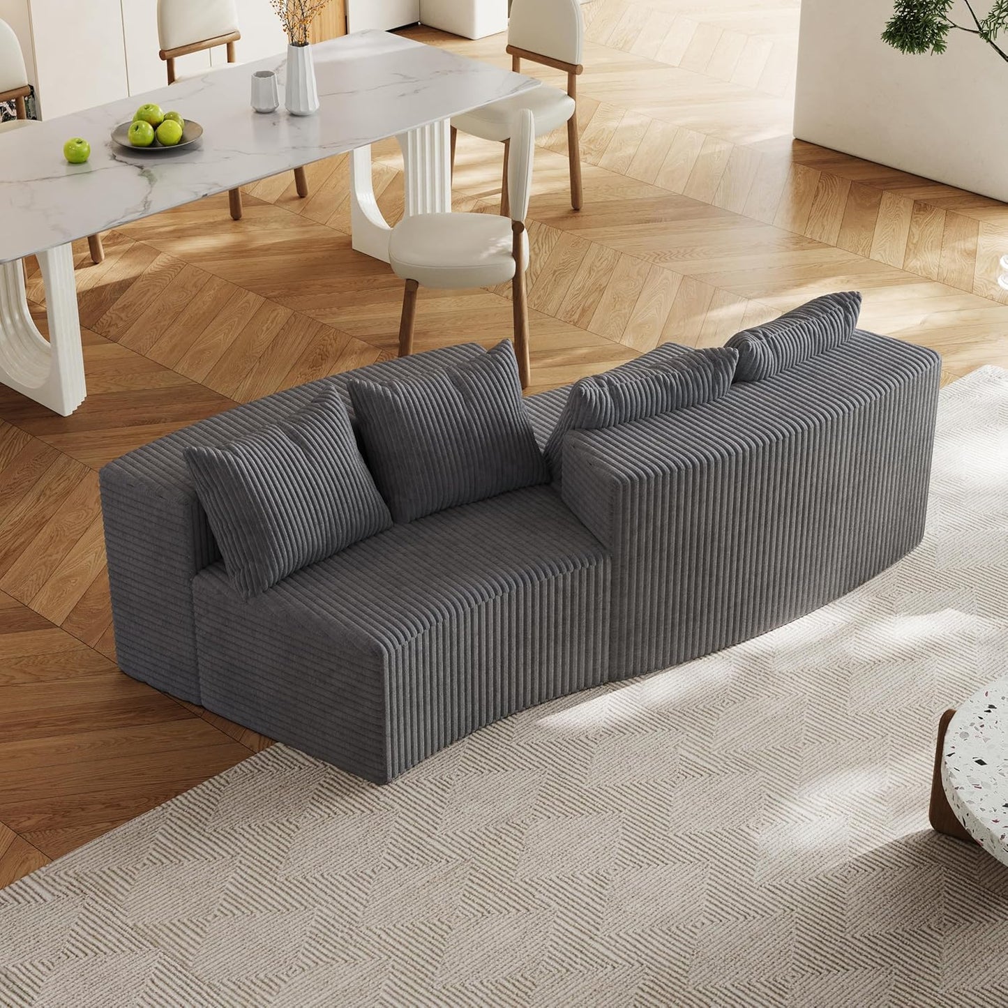 KEIKI Corduroy Curved Sectional Sofa, 2 Seater Symmetrical Modular Semi Circular Couch, Deep Seat Tufted Corner Sofa for Living Room, Lobby, Gray