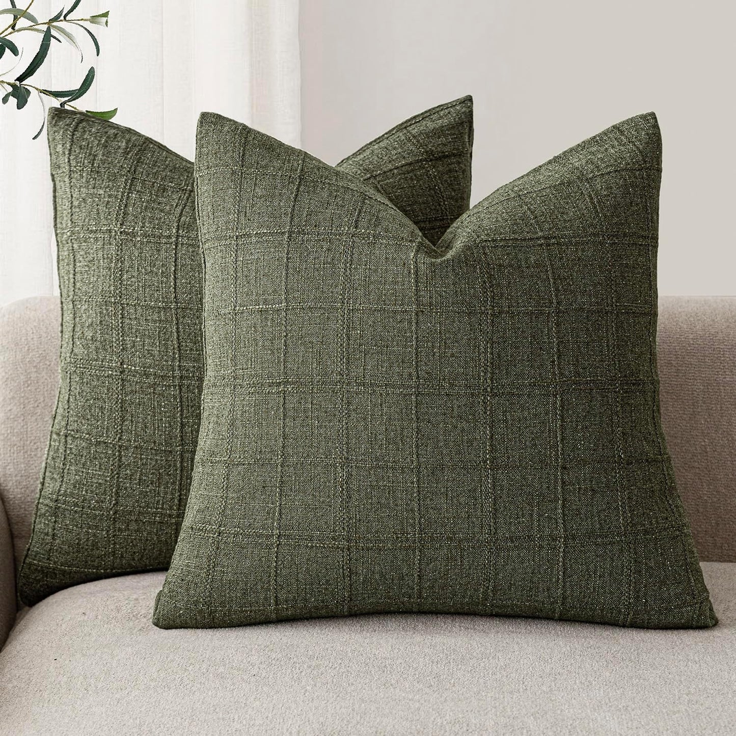 Foindtower Set of 2 Decorative Linen Check Throw Pillow Covers Neutral Farmhouse Vintage Cushion Covers Modern Boho Home Decor for Sofa Chair Couch Bedroom Living Room Outdoor,20×20 Inch,Olive Green