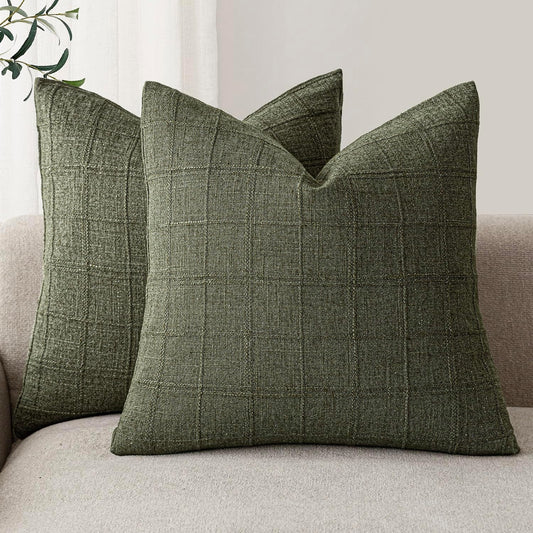 Foindtower Set of 2 Decorative Linen Check Throw Pillow Covers Neutral Farmhouse Vintage Cushion Covers Modern Boho Home Decor for Sofa Chair Couch Bedroom Living Room Outdoor,20×20 Inch,Olive Green