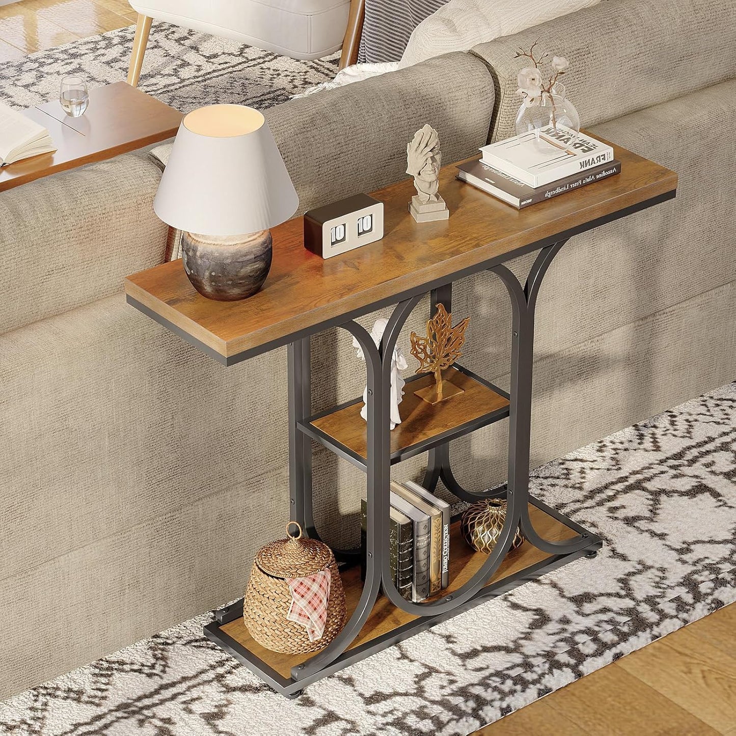 GiftGo Narrow Console Table for Entryway Industrial Sofa Table Behind Couch Ellipse Frame Rustic Wooden Accent Tables with Storage Shelves for Living Room, Hallway, Foyer (Brown)
