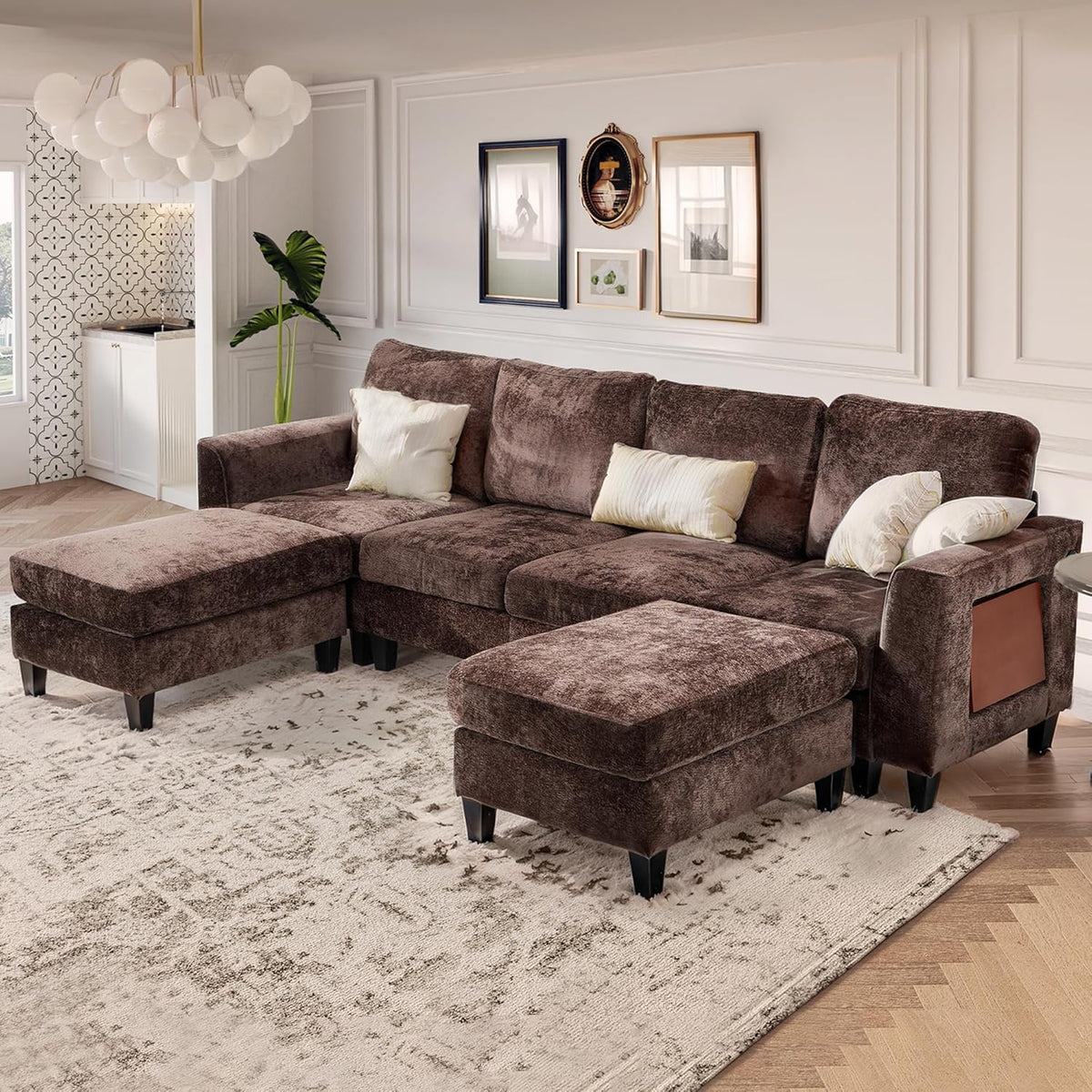 COLAMY 118" U-Shaped Sectional Couch, 4-Seat Modular Sofa with 2 Ottomans and Foldable Side Table, Brown for Living Room