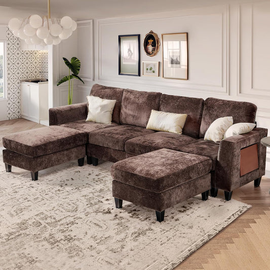 COLAMY 118" U-Shaped Sectional Couch, 4-Seat Modular Sofa with 2 Ottomans and Foldable Side Table, Brown for Living Room