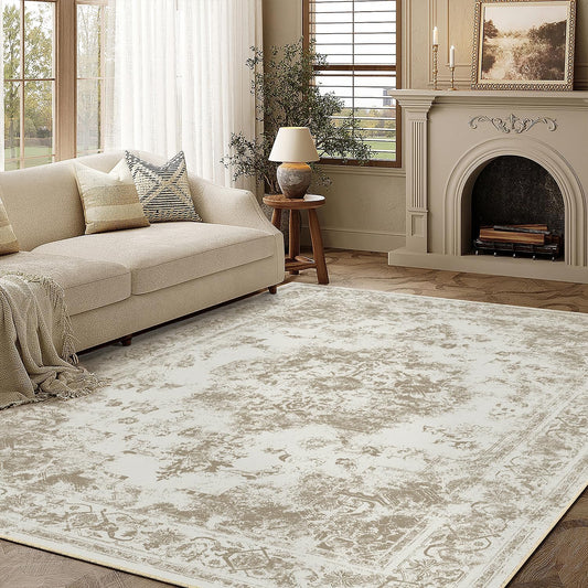 5x7 Washable Area Rug Brown Neutral Carpet for Living Room Bedroom Distressed Vintage Low Pile Soft Non-Slip Lightweight Vacuumable Throw Rug for Dining Room Office Kitchen Dorm