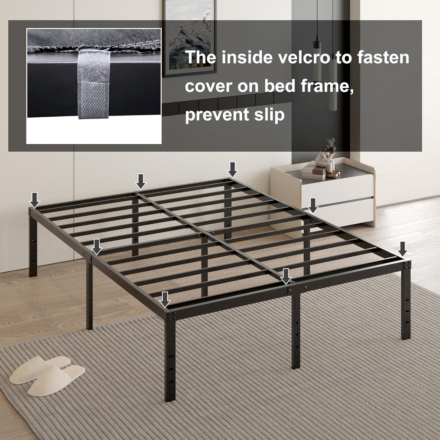 18 Inch Full Size Bed Frame with Black Bed Cover, Metal Bed Frame Full Size No Box Spring Needed, Heavy Duty Mattress Foundation, Easy Assembly, Noise Free