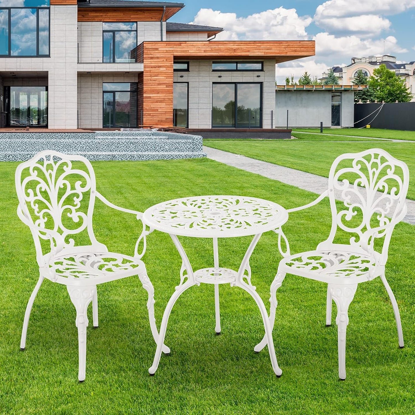 Patio Bistro Set 3 Piece Cast Aluminum Outdoor Bistro Set, Rust Resistance Bistro Table and Chairs of 2 with Umbrella Hole, Small Patio Set for Garden Outside, White