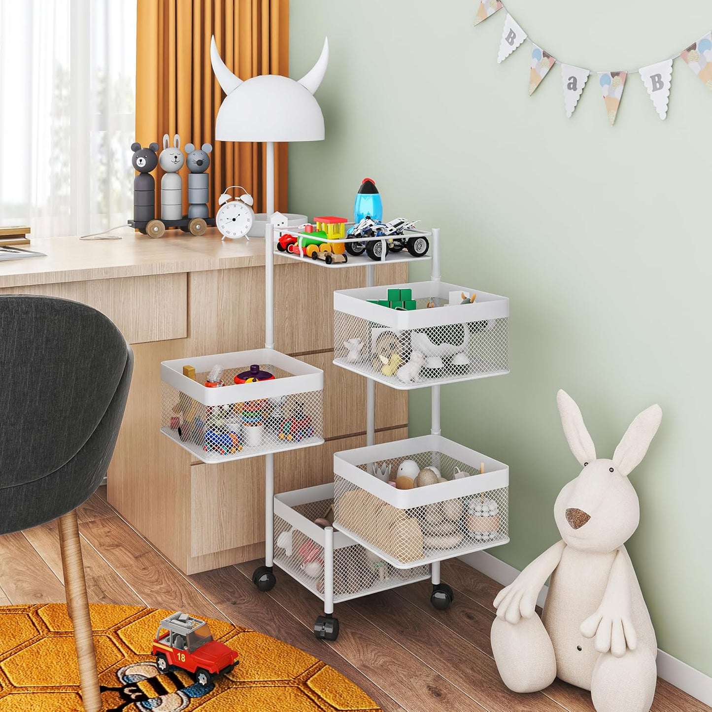 Rotating Kitchen Storage Rack,Fruit and Vegetable Basket Cart,Bathroom Shelf,Kitchen Organization and Storage Rack,Rolling Carts on Wheels(White, 4 Tier-Square)