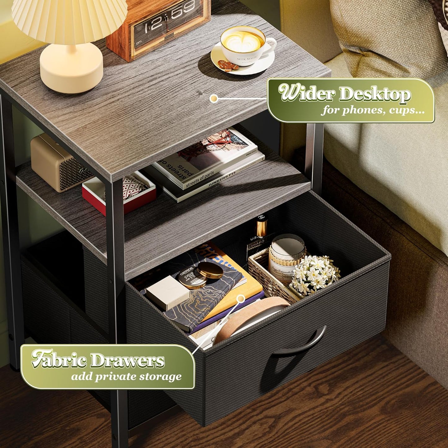 Huuger Night Stand with 2 Drawers, Bed Side Table with Open Shelf, Wooden Top, Nightstand for Bedroom, End Table for Small Space, Fabric Drawer, Grey