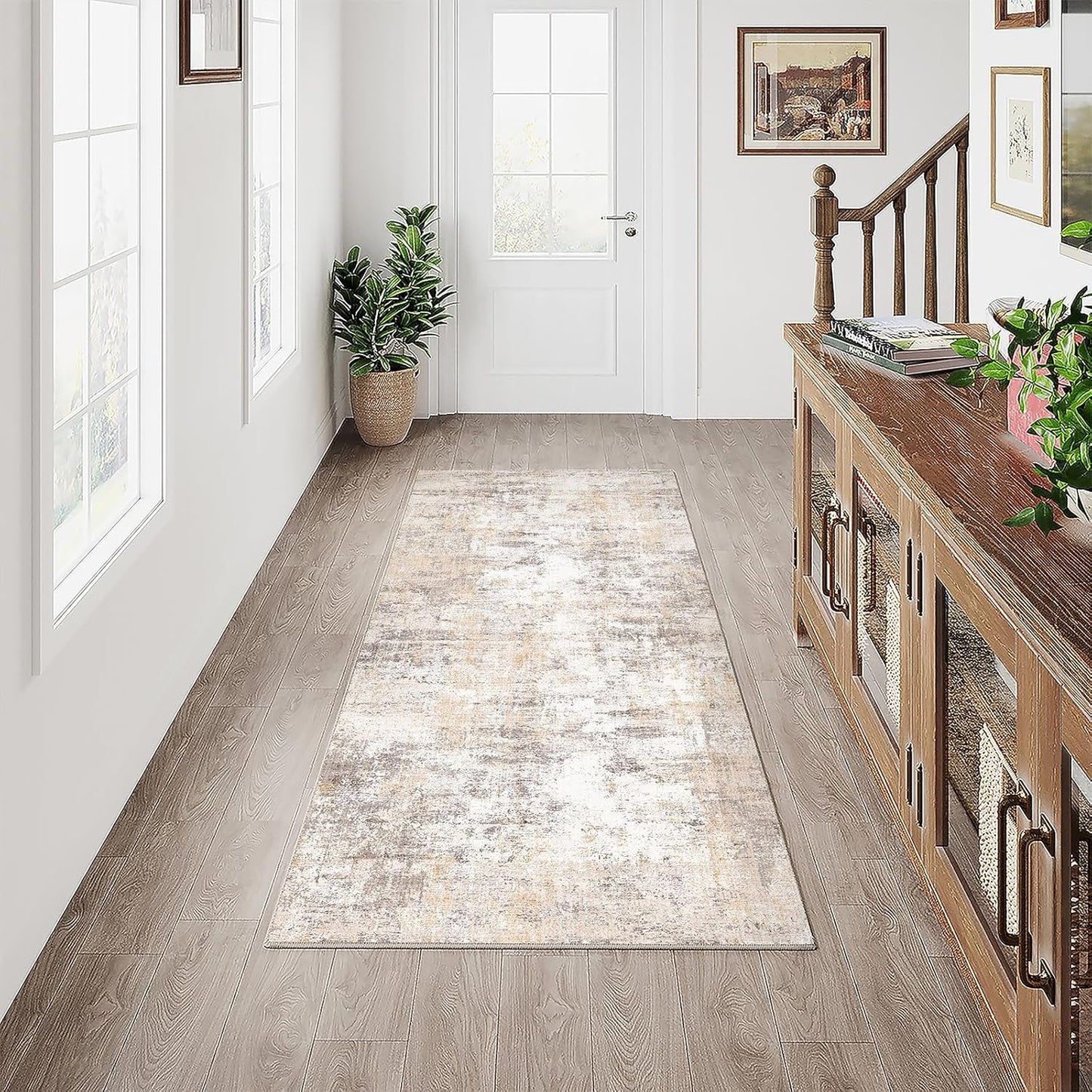 2x6 Washable Runner Rug Beige Grey Neutral Abstract Hallway Kitchen Living Room Bedroom Non Slip Throw Rug Soft Low Pile Indoor Carpet for Entrance Laundry Bathroom