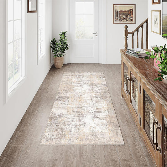 2x6 Washable Runner Rug Beige Grey Neutral Abstract Hallway Kitchen Living Room Bedroom Non Slip Throw Rug Soft Low Pile Indoor Carpet for Entrance Laundry Bathroom