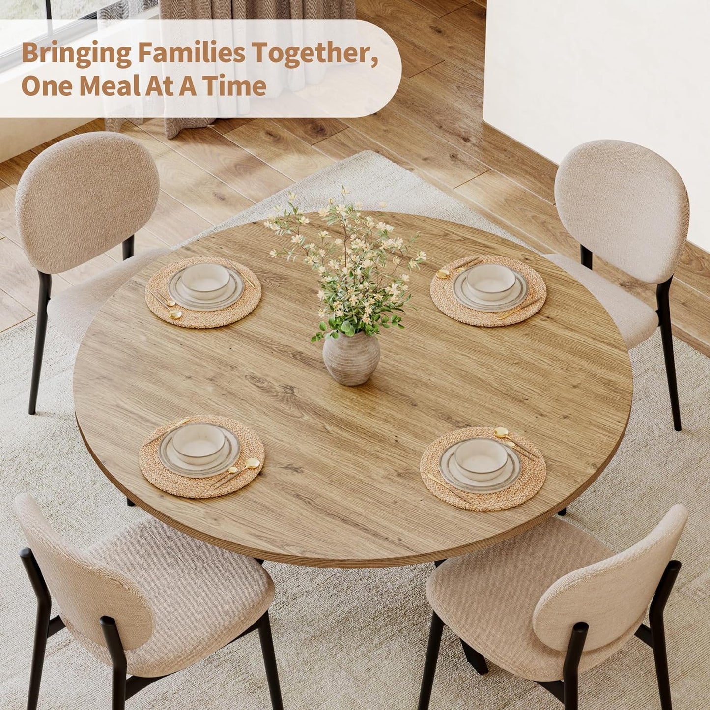 Round Dining Table for 4, 42 Inch Farmhouse Kitchen Table with Storage, Rustic Wooden Circle Dinner Pedestal Table with Metal Legs, Space Saving Kitchen & Dining Room Furniture, Natural Wood