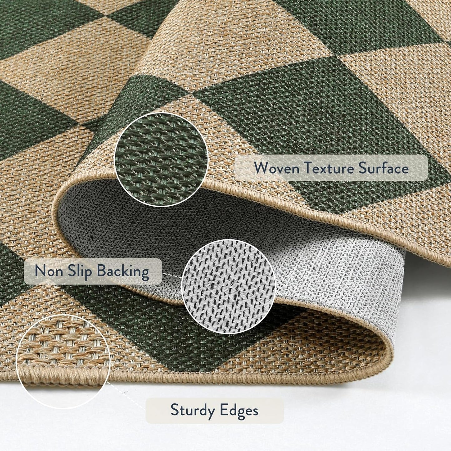 Lahome Checkered Outdoor Patio Easy Jute Rug, 3x5 Dark Green Washable Front Porch Door Rug, Farmhouse Indoor Outdoor Carpet Non Slip Non Shedding Carpet for Entryway Living Room Deck